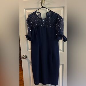 VTG Elegant Navy Blue Dress size 8 with Pearl embellished Sheer Sleeves & lapel